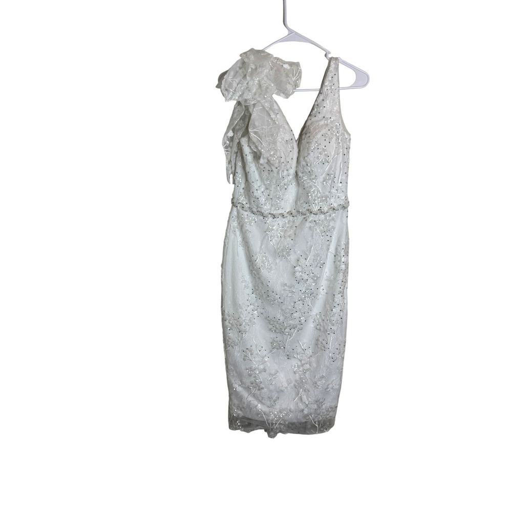 Mac Duggal Dress Womens 8 White Lace Sequin Floral Sheath Midi Wedding Party